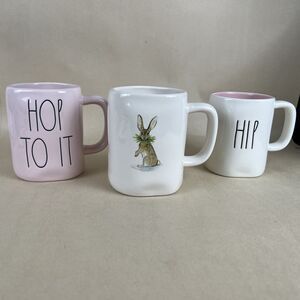 3 RAE DUNN Artisan By Magenta‎ EASTER MUGS - BUNNY, “HOP TO IT”, “ HIP HOP”